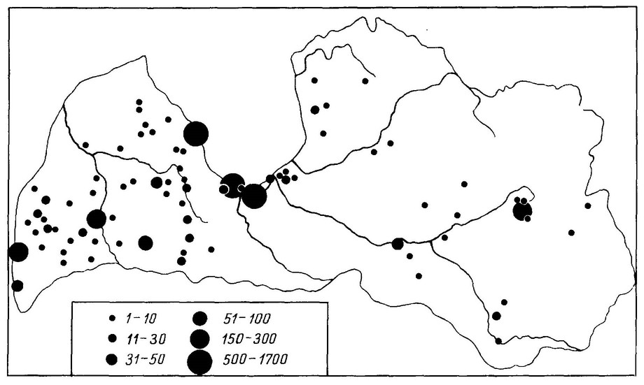 Рисунок 93. Распределение лысухи в Латвии (по: Блум, 1973)
