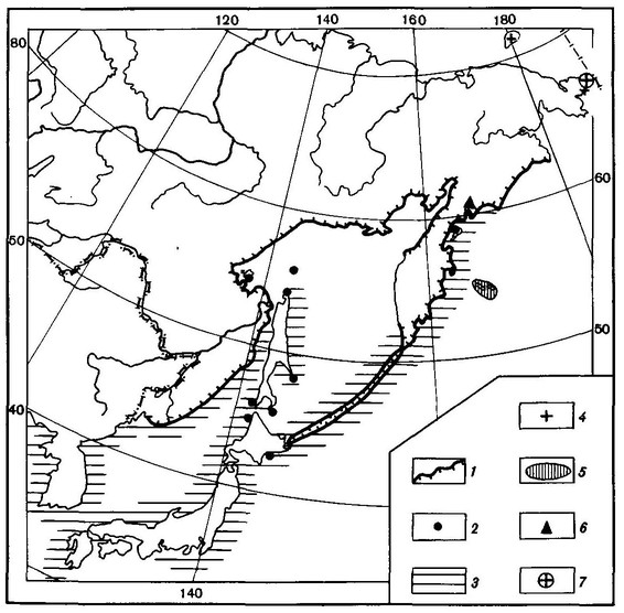 Рисунок 37. Область распространения тихоокеанской чайки (1-4) и серокрылой чайки в СССР (5-7)