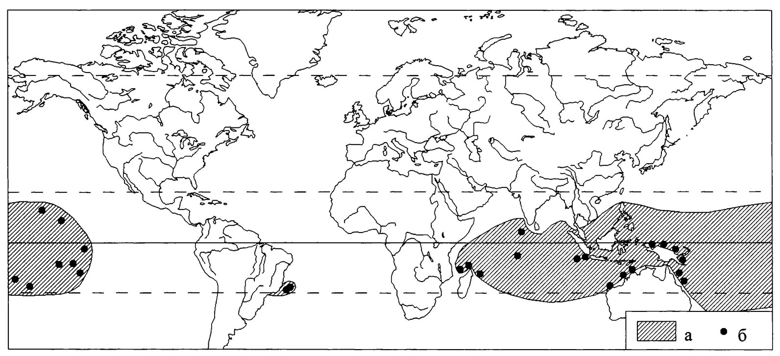 Рисунок 26. Область распространения фрегата-ариеля (по Harrison, 1983):